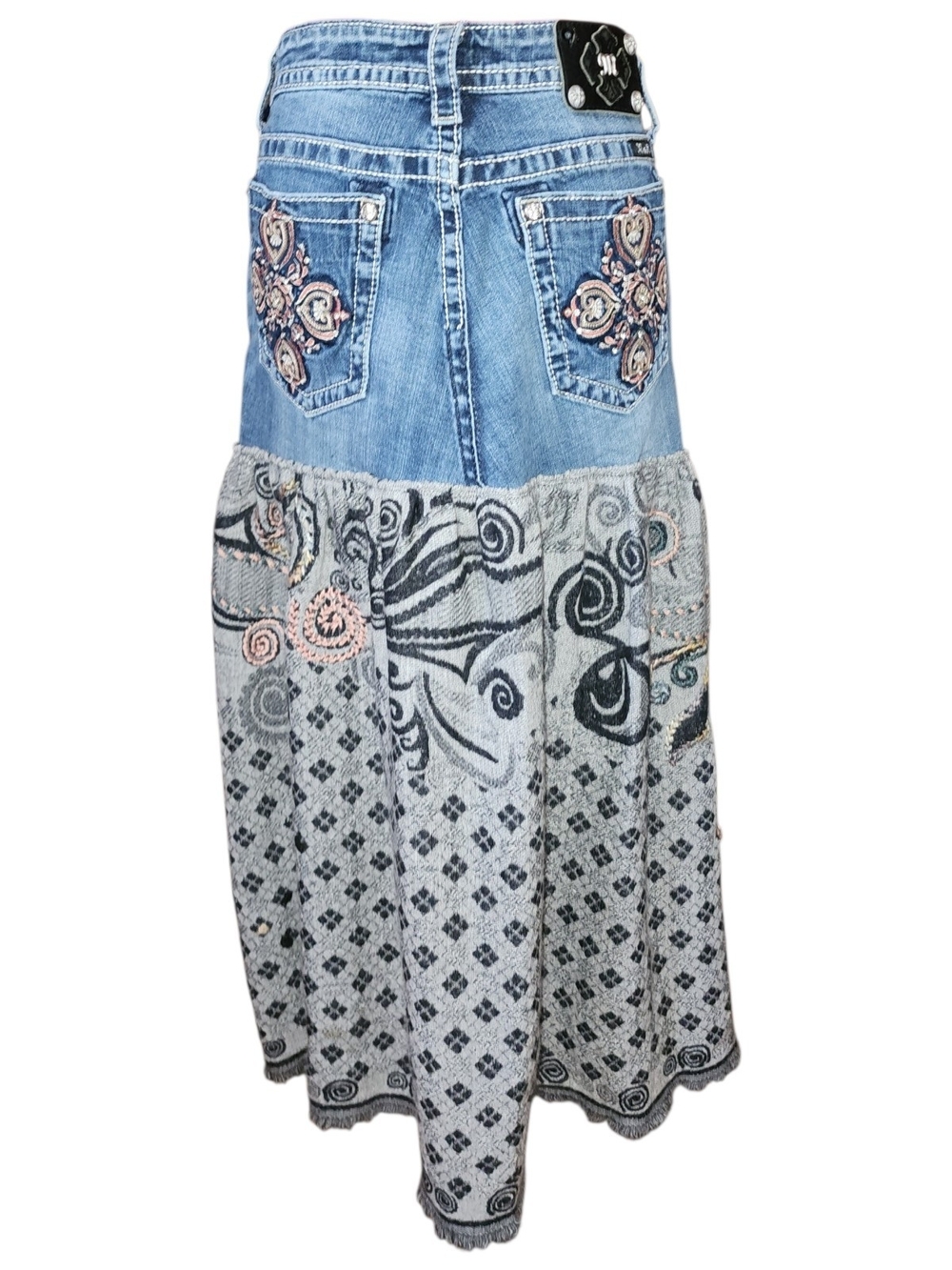 OOAK Upcycle Denim With Paisley Merino/Cotton Blend Scarf Maxi Skirt - Picture 4 of 10